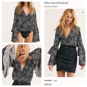 Free People Floral Bodysuit Bell Sleeves Low Cut Black White Size Small